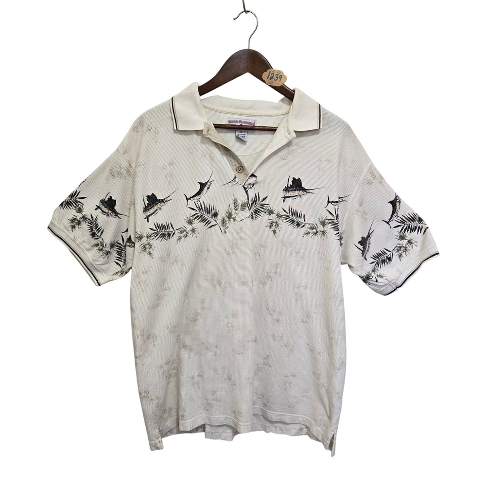 Boca Classics Mens XL Cream Marlin Palm Tree Waffle Knit Polo Shirt Short Sleeve